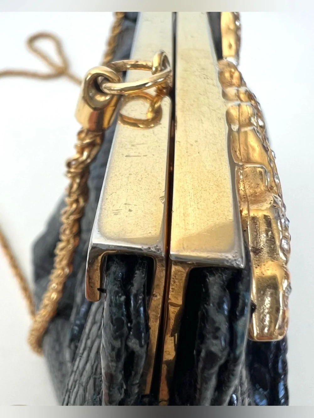 CAROL FIORI Italy Vintage Black Snake Leather Rhinestone Cocktail Evening Purse